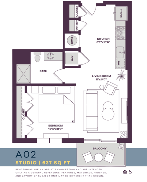 Floor plan for studio, 1 bath, 637 sqft