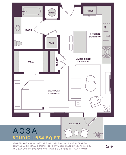 Floor plan for studio, 1 bath, 654 sqft