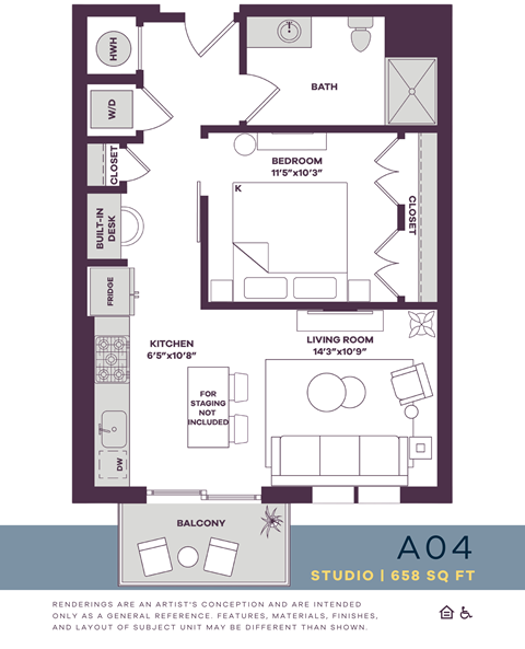 Floor plan for studio, 1 bath, 658 sqft
