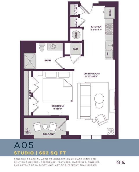 Floor plan for studio, 1 bath, 663 sqft