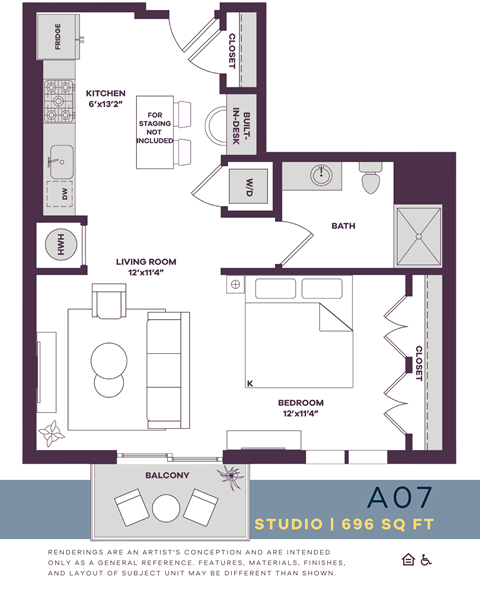 Floor plan for studio, 1 bath, 696 sqft