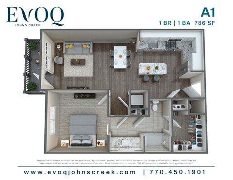 Floor plan for 1 bed, 1 bath, 786 sqft