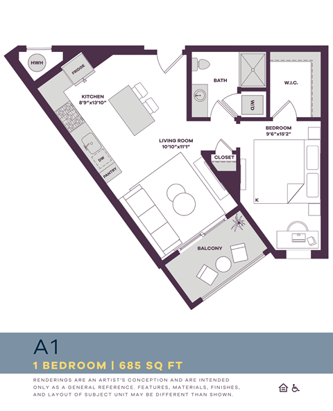 Floor plan for 1 bed, 1 bath, 685 sqft
