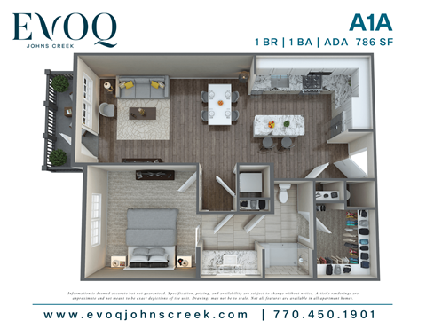 Floor plan for 1 bed, 1 bath, 786 sqft