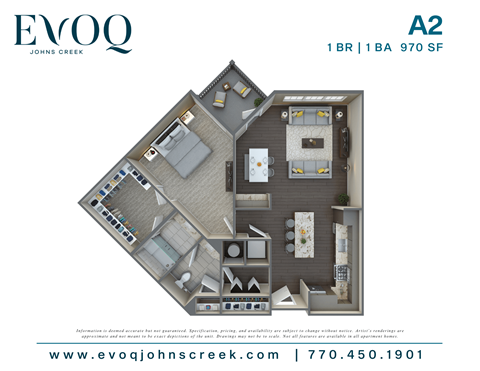 Floor plan for 1 bed, 1 bath, 970 sqft