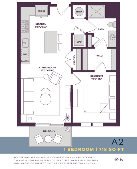 Floor plan for 1 bed, 1 bath, 718 sqft