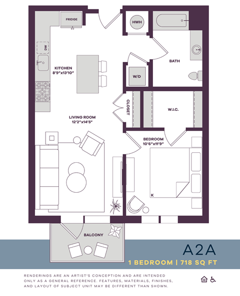 Floor plan for 1 bed, 1 bath, 718 sqft