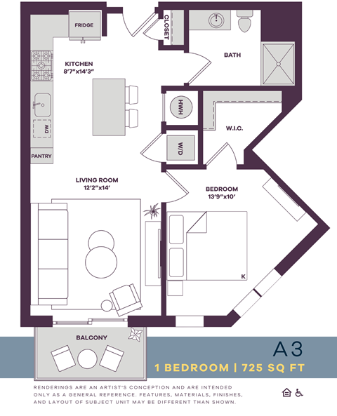 Floor plan for 1 bed, 1 bath, 725 sqft