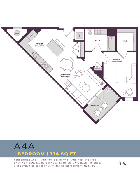 Floor plan for 1 bed, 1 bath, 774 sqft
