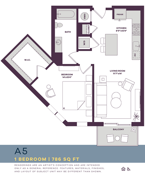 Floor plan for 1 bed, 1 bath, 786 sqft