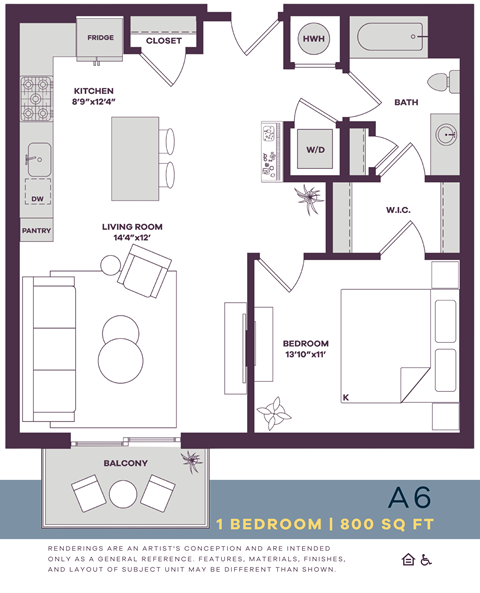 Floor plan for 1 bed, 1 bath, 800 sqft