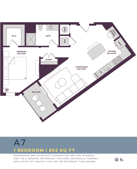 Floor plan for 1 bed, 1 bath, 852 sqft