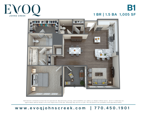 Floor plan for 1 bed, 1.5 baths, 1005 sqft