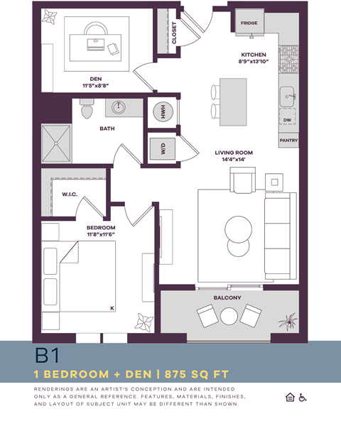 Floor plan for 1 bed, 1 bath, 875 sqft