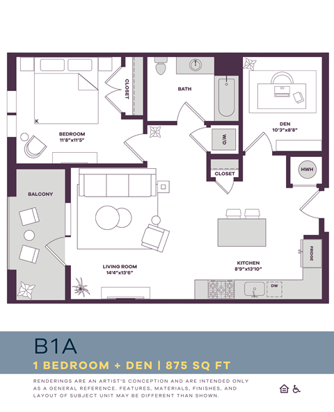 Floor plan for 1 bed, 1 bath, 875 sqft