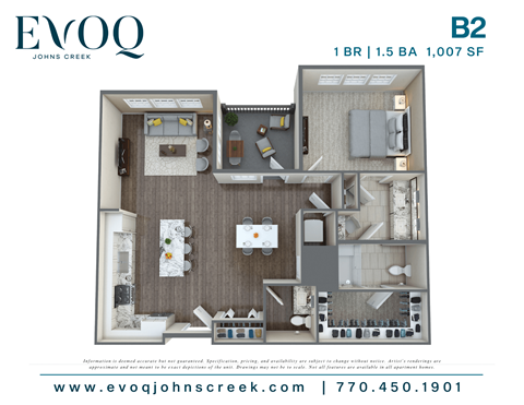 Floor plan for 1 bed, 1.5 baths, 1007 sqft