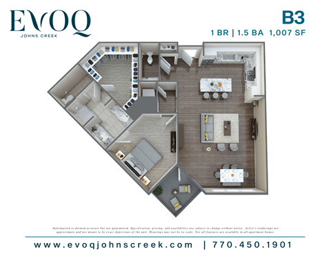 Floor plan for 1 bed, 1.5 baths, 1007 sqft