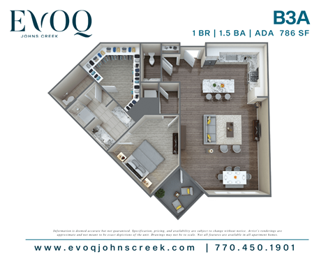 Floor plan for 1 bed, 1.5 baths, 1007 sqft