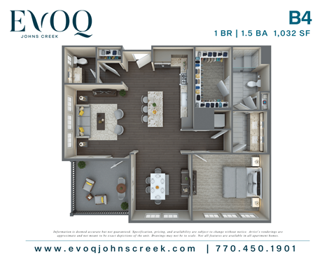 Floor plan for 1 bed, 1.5 baths, 1032 sqft
