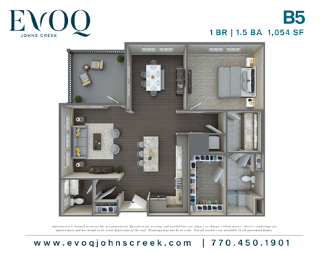 Floor plan for 1 bed, 1.5 baths, 1054 sqft