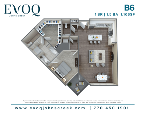 Floor plan for 1 bed, 1.5 baths, 1106 sqft