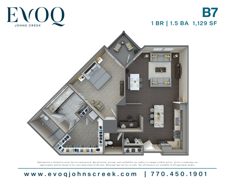 Floor plan for 1 bed, 1.5 baths, 1129 sqft