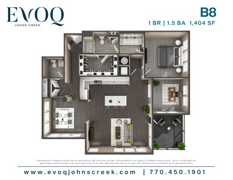 Floor plan for 1 bed, 1.5 baths, 1404 sqft