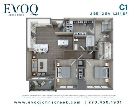 Floor plan for 2 beds, 2 baths, 1234 sqft