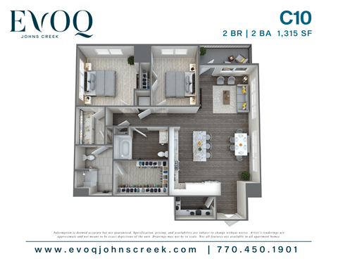 Floor plan for 2 beds, 2 baths, 1315 sqft