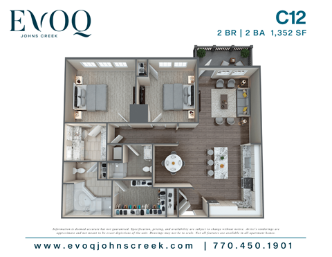 Floor plan for 2 beds, 2 baths, 1352 sqft