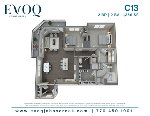 Floor plan for 2 beds, 2 baths, 1356 sqft