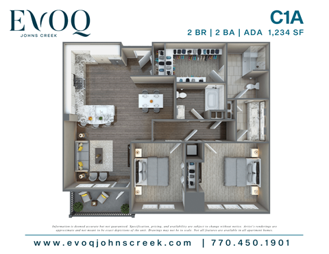 Floor plan for 2 beds, 2 baths, 1234 sqft