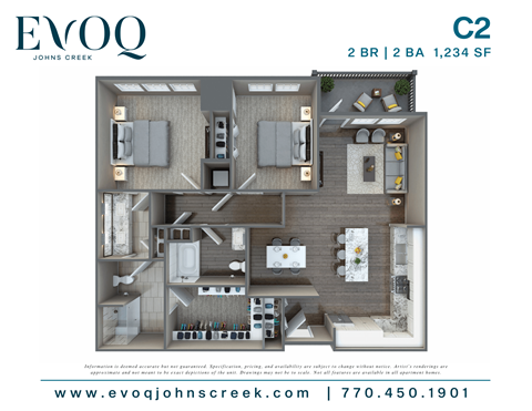 Floor plan for 2 beds, 2 baths, 1234 sqft
