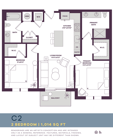 Floor plan for 2 beds, 2 baths, 1014 sqft