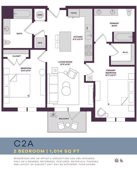 Floor plan for 2 beds, 2 baths, 1014 sqft