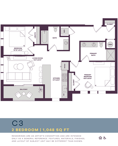 Floor plan for 2 beds, 2 baths, 1048 sqft
