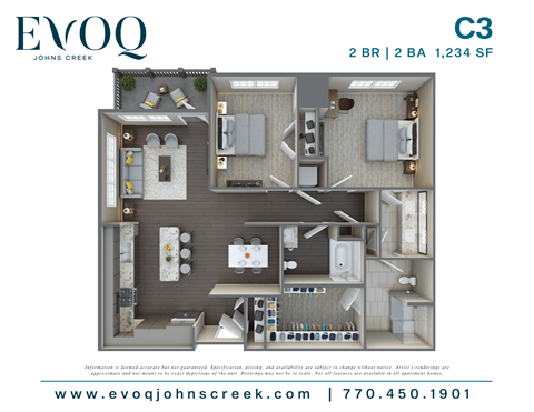 Floor plan for 2 beds, 2 baths, 1234 sqft
