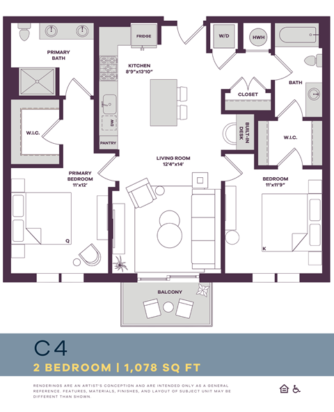 Floor plan for 2 beds, 2 baths, 1078 sqft