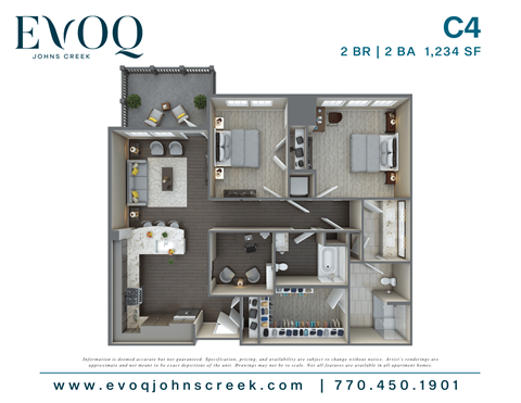 Floor plan for 2 beds, 2 baths, 1234 sqft