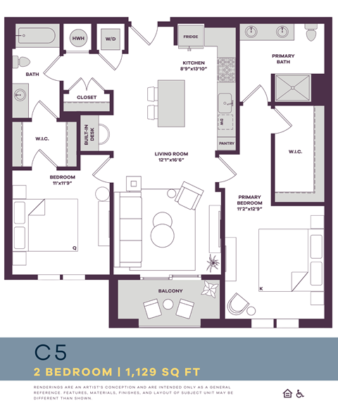 Floor plan for 2 beds, 2 baths, 1129 sqft