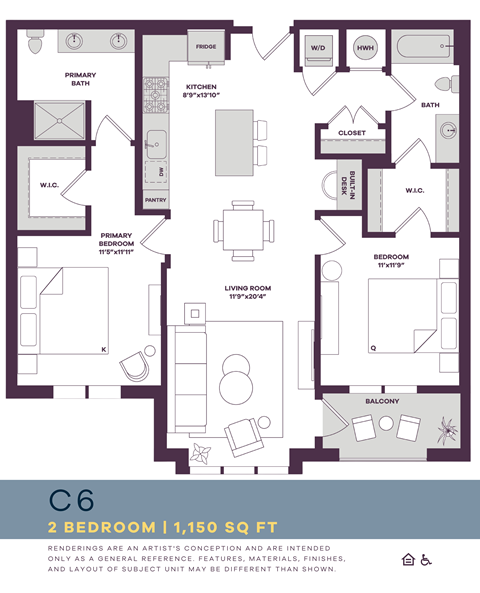 Floor plan for 2 beds, 2 baths, 1150 sqft