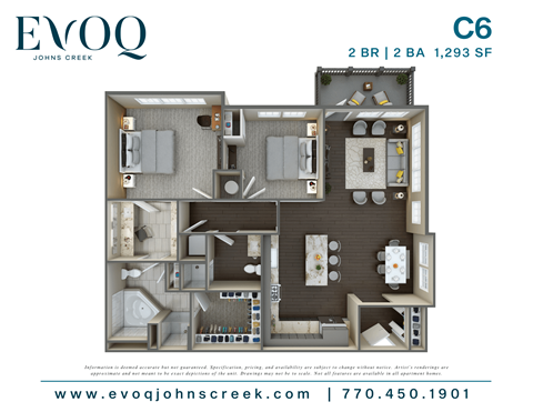 Floor plan for 2 beds, 2 baths, 1293 sqft