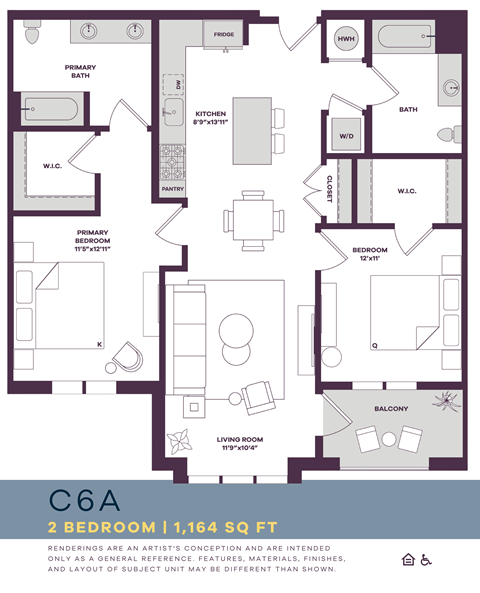 Floor plan for 2 beds, 2 baths, 1164 sqft