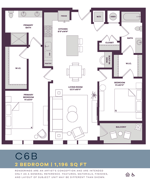 Floor plan for 2 beds, 2 baths, 1196 sqft