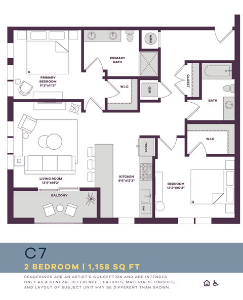 Floor plan for 2 beds, 2 baths, 1158 sqft