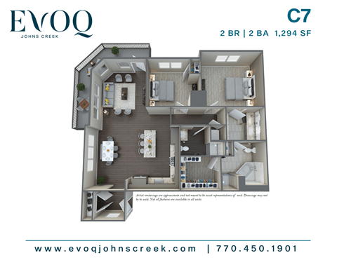 Floor plan for 2 beds, 2 baths, 1294 sqft