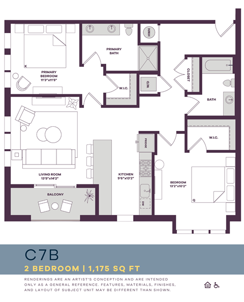 Floor plan for 2 beds, 2 baths, 1175 sqft