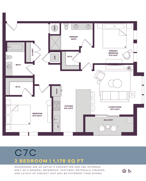 Floor plan for 2 beds, 2 baths, 1178 sqft
