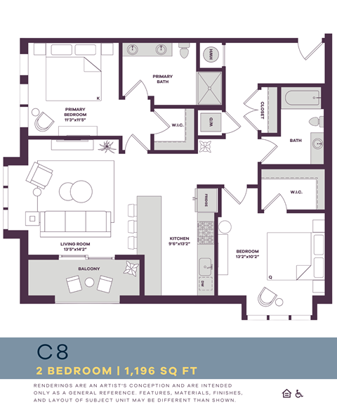 Floor plan for 2 beds, 2 baths, 1196 sqft