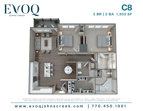 Floor plan for 2 beds, 2 baths, 1303 sqft